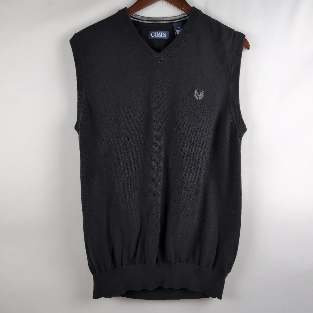 Chaps Men's Black V-Neck Sweater Vest Sleeveless Monogram Logo, Size Medium